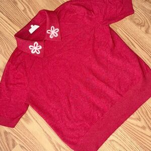 La Vila Milano Floral Collar Red Knit Shirt Women's Large